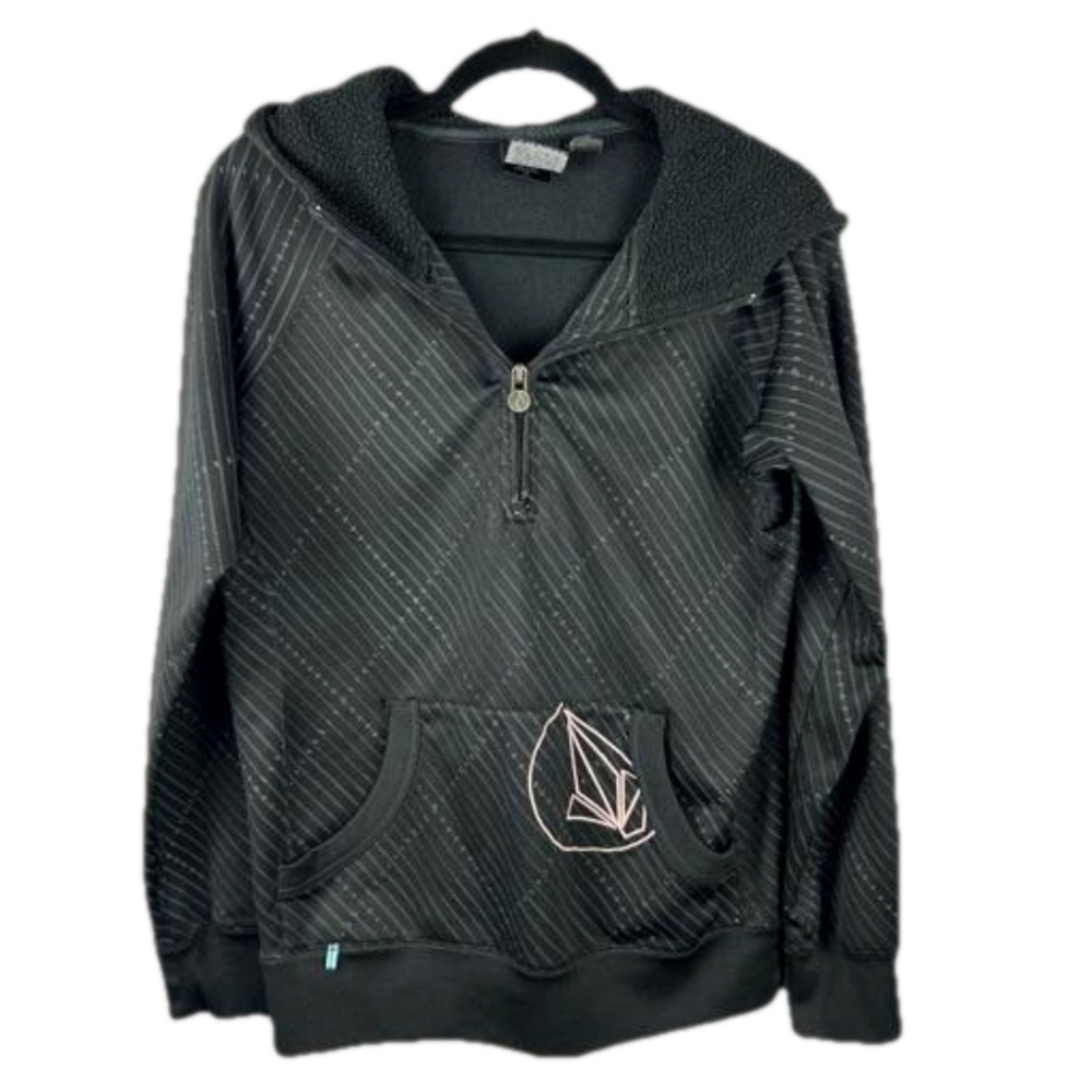 Volcom Black Casual Striped Pullover 1/4 Zip Hooded Sweater Large
